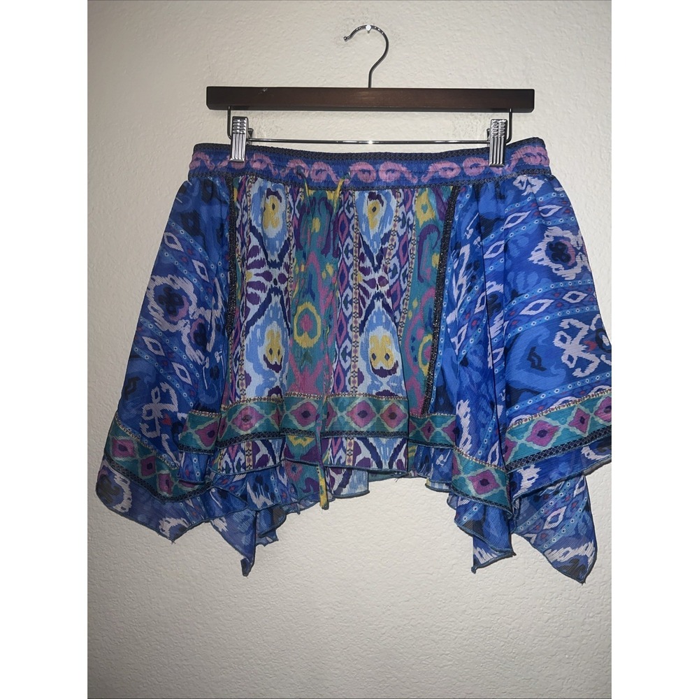 Zara BLUE/MULTICOLOR Aztec Print Swing Asymmetric Mini Skirt SZ LARGE NWT